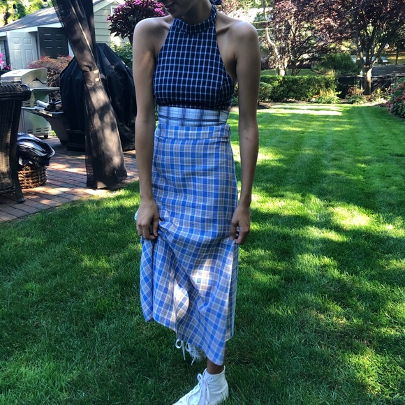 Urban Outfitters Plaid Patchwork Halter Open Back Tie Midi Dress - Picture 3 of 14